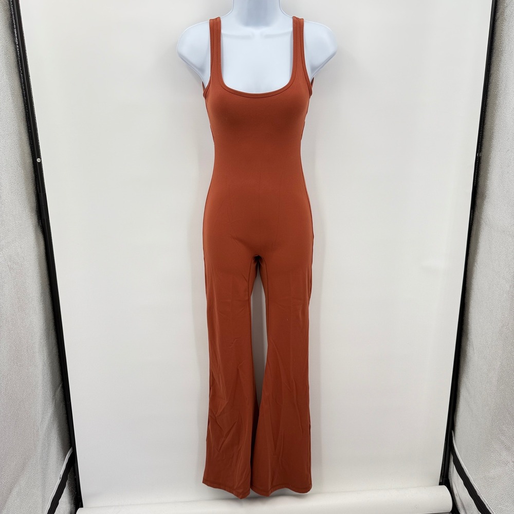 Womens Jumpsuit Rust Sleeveless Open‎ Back Ruched Flare Leg Casual